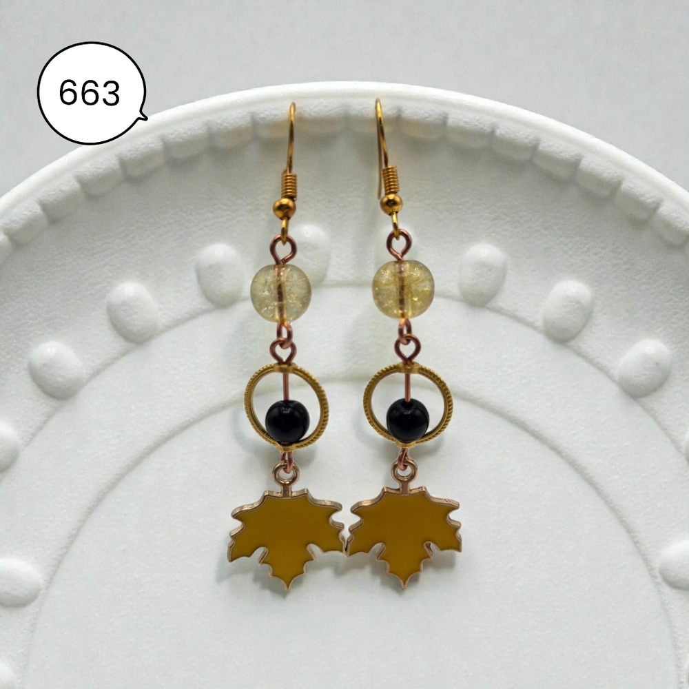 Autumn Leaf Dangle Earrings | Gold Maple Leaf Charm | Black & Yellow Beads